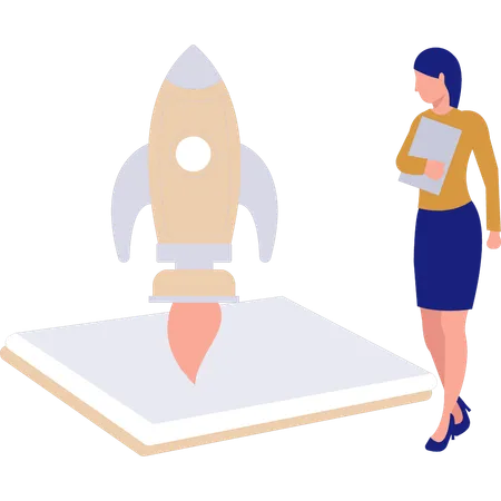 Businesswoman looking at startup rocket  Illustration