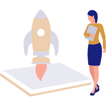 Businesswoman looking at startup rocket  Illustration