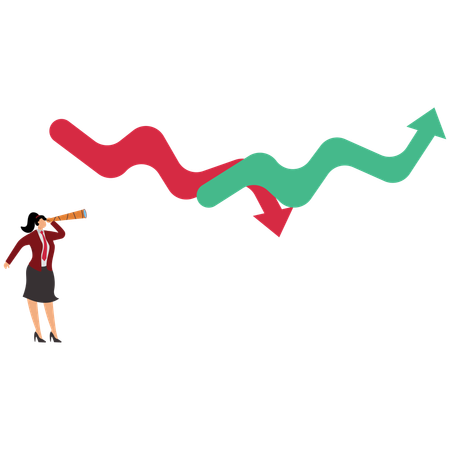 Businesswoman looking at the telescope on the growth and uncertainty chart  Illustration