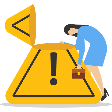 Businesswoman looking down thinking with big incident with exclamation attention sign  Illustration