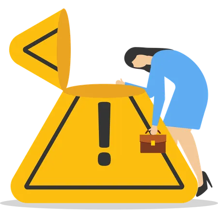 Businesswoman looking down thinking with big incident with exclamation attention sign  Illustration