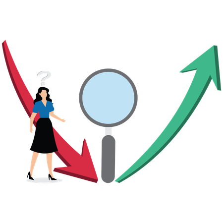 Businesswoman looking quizzically at the up and down arrows to the left and right of the magnifying glass  Illustration