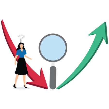 Businesswoman looking quizzically at the up and down arrows to the left and right of the magnifying glass  Illustration