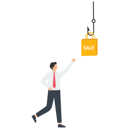 Businesswoman looking shopping bag on a fishing hook  Illustration