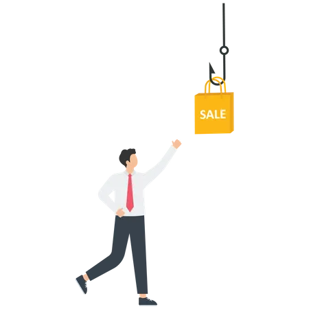 Businesswoman looking shopping bag on a fishing hook  Illustration