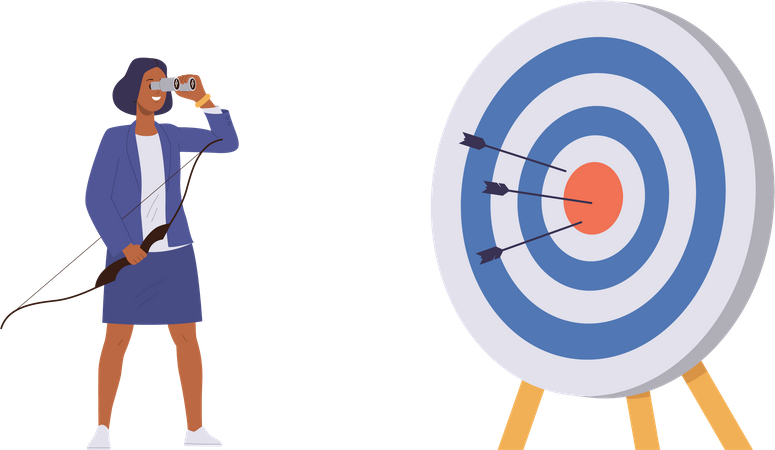 Businesswoman  looking through binocular at hit target for aim goal achievement  Illustration