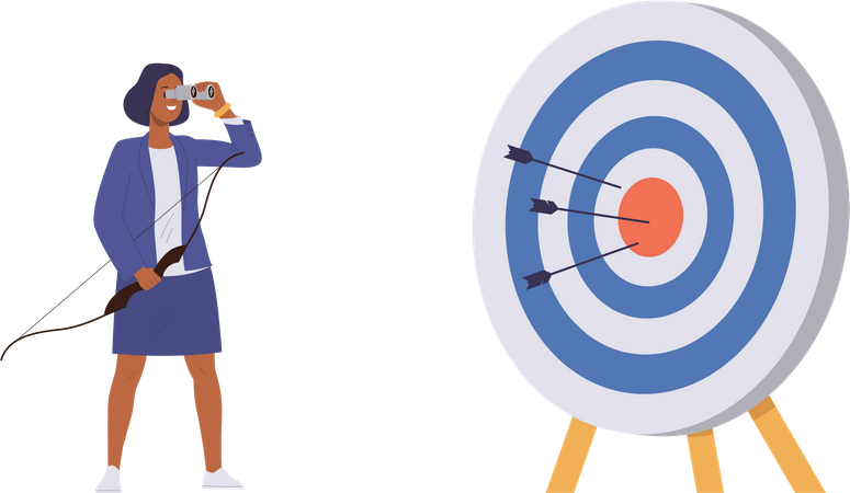 Businesswoman  looking through binocular at hit target for aim goal achievement  イラスト