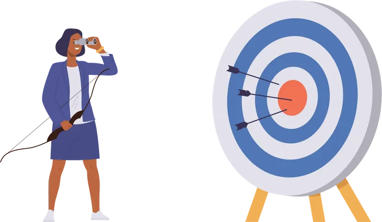 Businesswoman Cartoon Character Looking Through Binocular At Hit Target For Aim Goal Achievement Vector Illustration Successful Female Entrepreneur Trying Several Strategy For Business Effectiveness イラスト