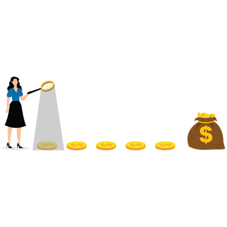 Businesswoman looking through magnifying glass to see dollar money sign  Illustration