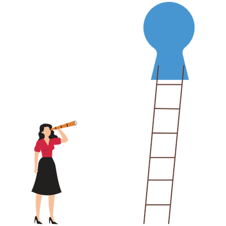 Businesswoman looking up ladder through secret keyholes  Illustration