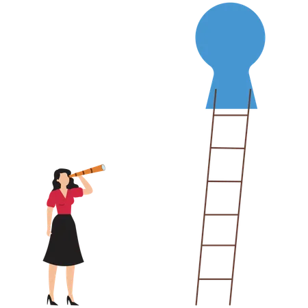 Businesswoman looking up ladder through secret keyholes  Illustration