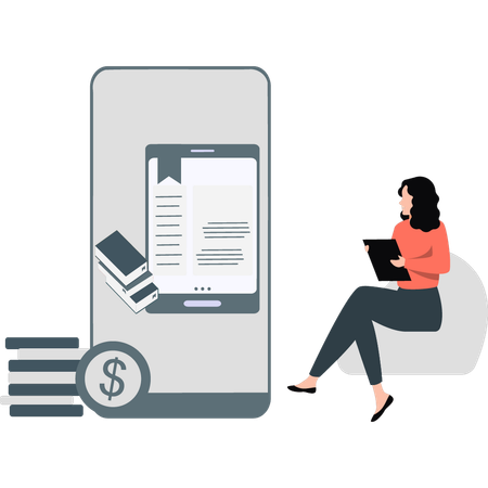 Businesswoman looks at financial document  Illustration