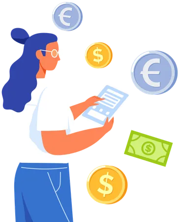 Woman With Money And Documents Savings Management Businesswoman Looks At Report Survey With Financial Data Working With Money And Currency Concept Payment Of Taxes Business Investments Illustration