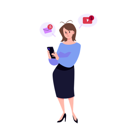 Businesswoman looks at the phone anxiety worry  Illustration