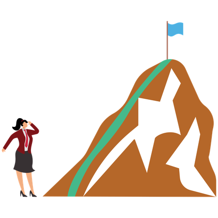 Businesswoman looks at the target flag on the top of the mountain  Illustration