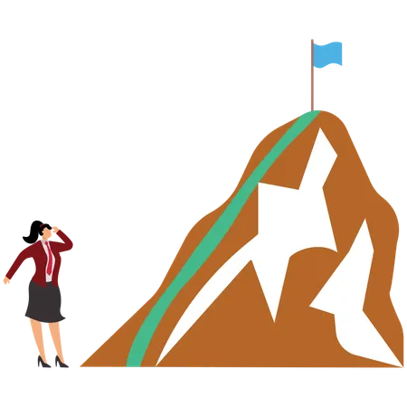 Businesswoman looks at the target flag on the top of the mountain  Illustration