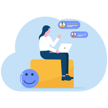 Businesswoman looks at user reviews  Illustration