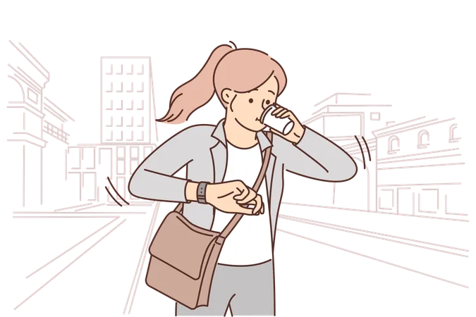 Woman Looks At Watch Hurries To Important Meeting And Runs Through Streets Of City Drinking Coffee On Way To Office Excited Girl Hurries To Business Interview For Urban Lifestyle Concept Illustration