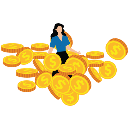 Businesswoman lying flat on his back inside pile of gold coins  Illustration