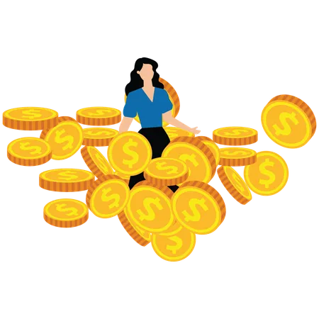 Businesswoman lying flat on his back inside pile of gold coins  Illustration