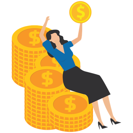 Businesswoman lying on pile of gold coins looking at gold coin  Illustration