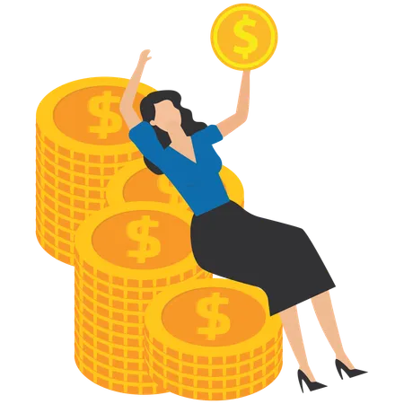 Businesswoman lying on pile of gold coins looking at gold coin  Illustration