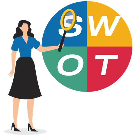 Businesswoman magnify analyze SWOT business jigsaw  Illustration