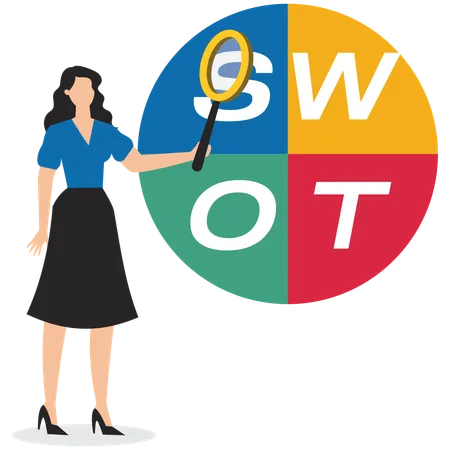 Businesswoman magnify analyze SWOT business jigsaw  Illustration