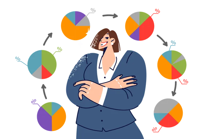 Woman Statistician Stands Among Business Charts With Changing Data Showing Positive Changes Girl Business Analyst Crosses Arms In Front Of Chest Rejoicing At Result Obtained During Market Research Illustration