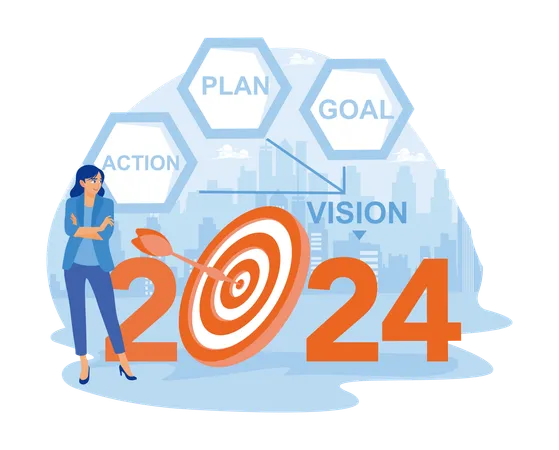 Businesswoman making plan ideas to achieve business goals in 2024  Illustration