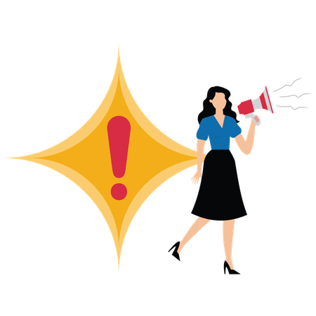 Businesswoman making warning announcement use megaphone with attention exclamation sign  Illustration