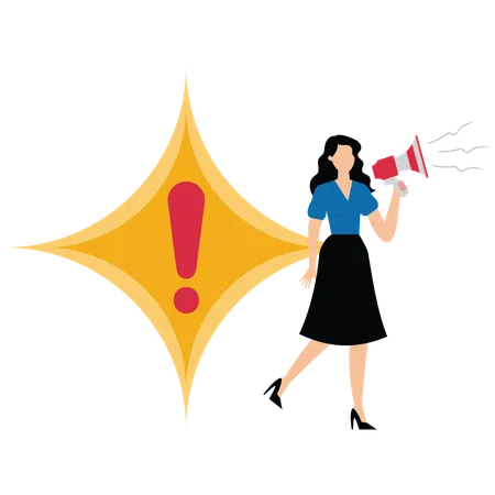 Businesswoman making warning announcement use megaphone with attention exclamation sign  Illustration