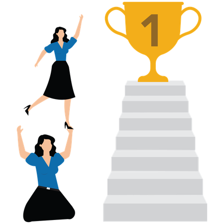 Businesswoman manager help employee to climb up to reach success trophy  Illustration