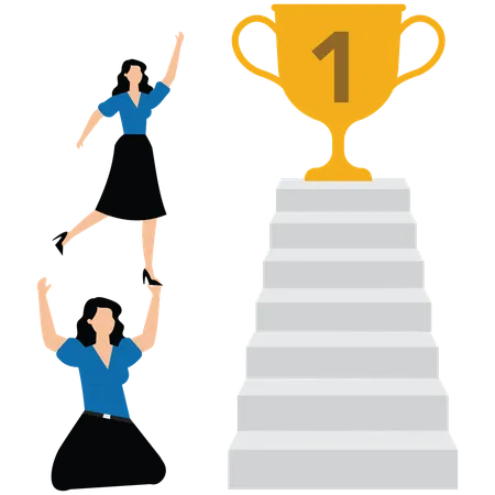 Businesswoman manager help employee to climb up to reach success trophy  Illustration