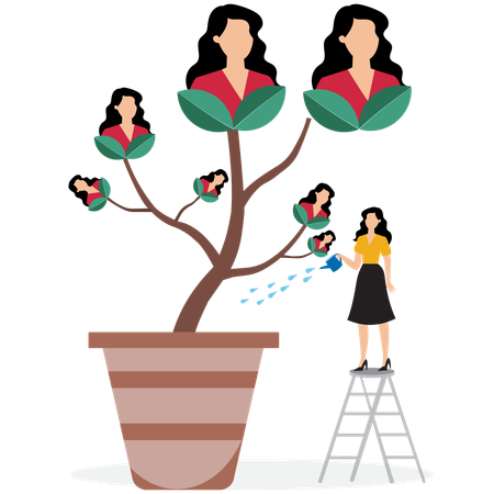 Businesswoman manager pouring water to growing employee seedling  Illustration