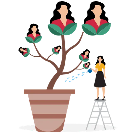 Businesswoman manager pouring water to growing employee seedling  Illustration