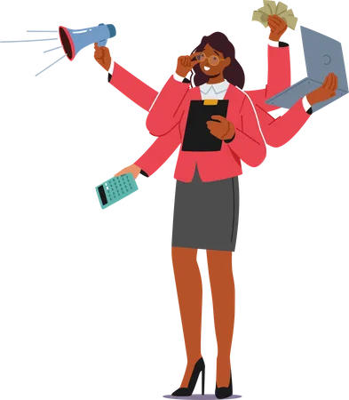 Effective Business Woman Managing Multiple Tasks Multitasking Project Time Management Personal Productivity Concept Isolated Busy Girl With Many Hands At Work Cartoon People Vector Illustration Illustration