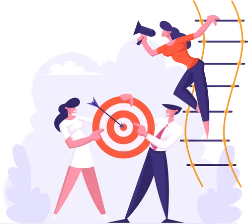 Woman Shouting In Loudspeaker Standing On Suspended Ladder Businesspeople Team Holding Target With Arrow In Center Business Goals Achievement Aim Business Strategy Cartoon Flat Vector Illustration Illustration