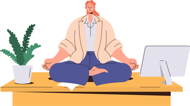 Businesswoman meditating in lotus position during work break to calm down  Illustration
