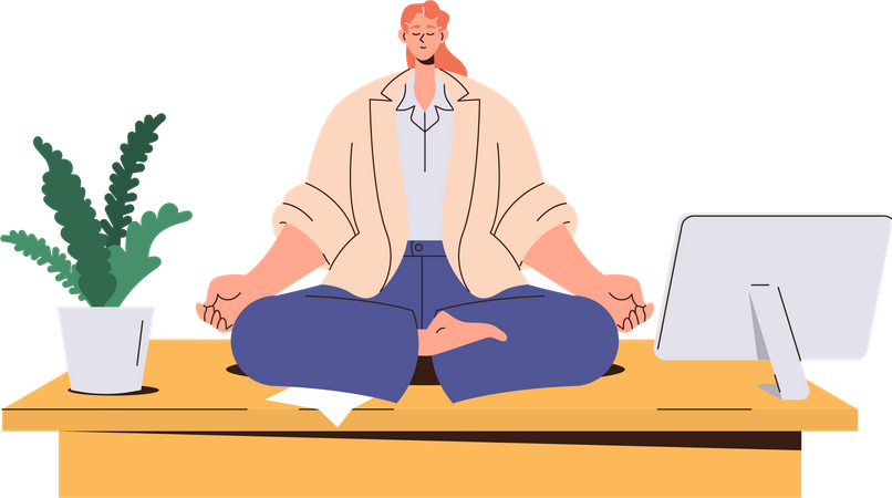 Businesswoman meditating in lotus position during work break to calm down  Illustration