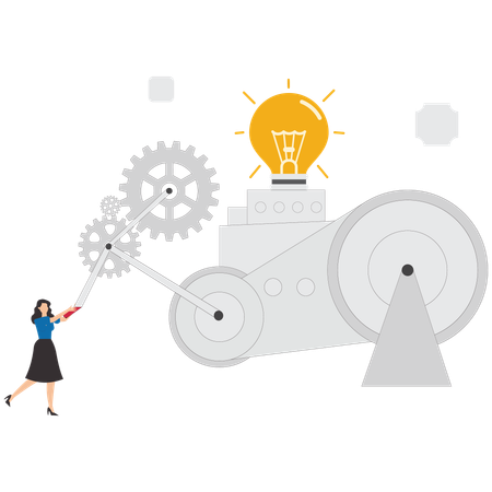 Businesswoman moves cogwheel gears to activate lightbulb idea  Illustration