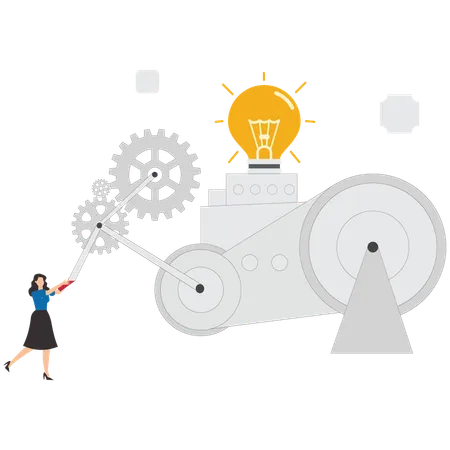 Businesswoman moves cogwheel gears to activate lightbulb idea  Illustration