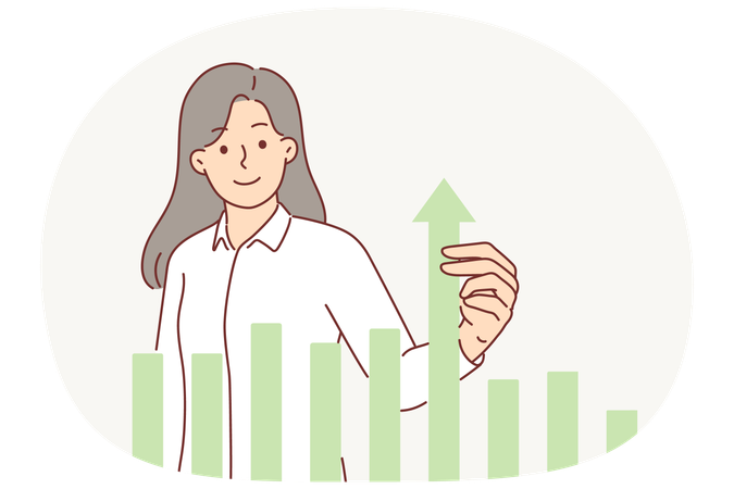 Businesswoman near graph raises indicator with hand for concept of corporate achievements  Illustration