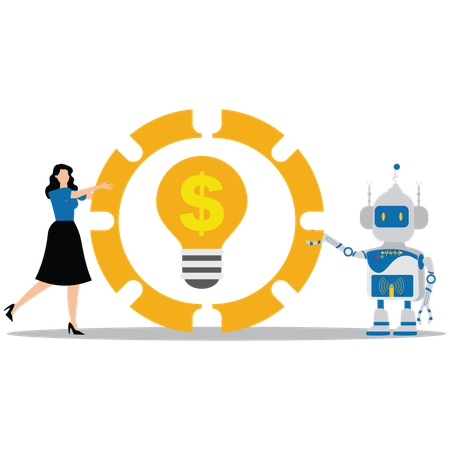 Businesswoman needs help of robot for financial idea  Illustration