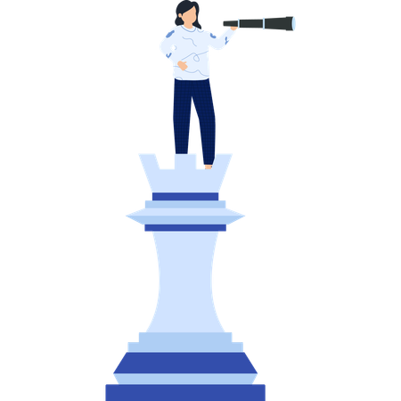 Businesswoman on Chess Piece Looking Through Telescope Vision  Illustration