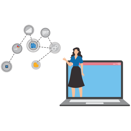 Businesswoman on laptop screen explaining data  Illustration