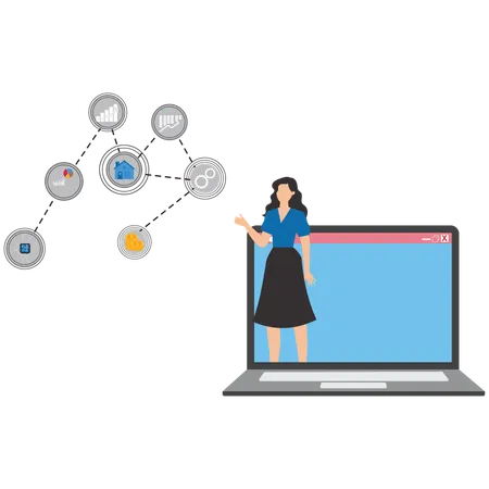 Businesswoman on laptop screen explaining data  Illustration