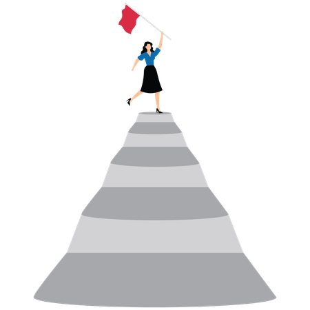 Businesswoman on top of career staircase holding winning flag looking for future visionary  Illustration