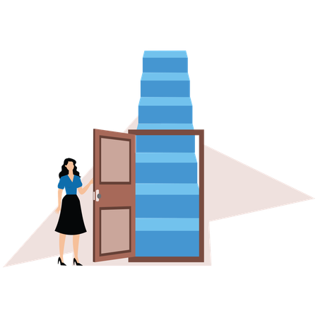 Businesswoman open arrow up door to walk up stair to success  Illustration