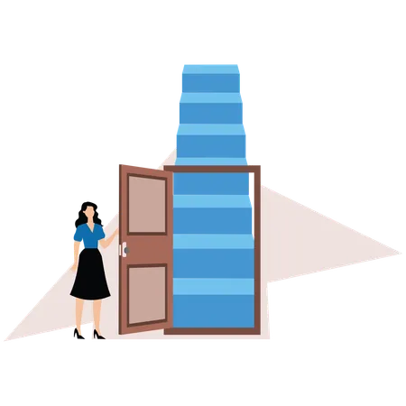 Businesswoman open arrow up door to walk up stair to success  Illustration